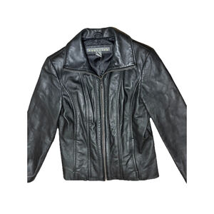 Vintage 90s Minimalist Black Leather Jacket Women’s M Full Zip Moto Chic Clean